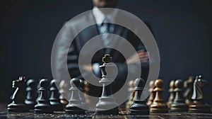 Businessman stands with crossed arms behind a chessboard, symbolizing strategic management and power