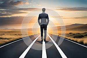 Businessman Stands At A Fork In The Road And Looks Where He Should Go, Concept Of Decision-Making And Dilemma, Technology. Generat