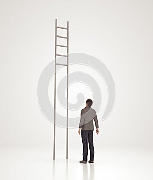 Businessman stands in front of the ladder without steps