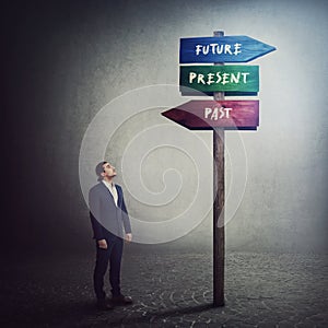 Businessman stands in front of a signpost showing three different directions, past, present and future. Choose the correct way.