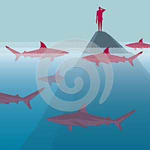 Businessman stands on an island, sharks in the sea.