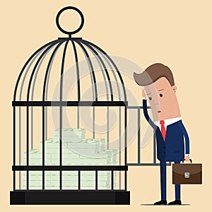 Businessman stands near the cage with money. Vector illustration