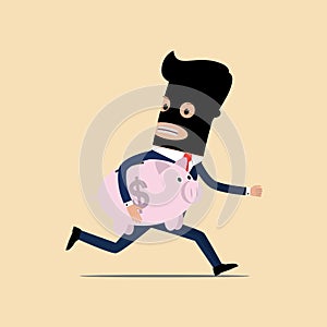 Businessman steal piggy bank. Risk of finance and business. Vector illustration