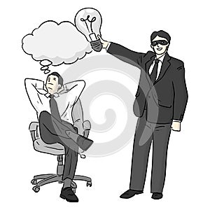 Businessman is stealing idea from another man vector illustration sketch doodle hand drawn with black lines isolated on white