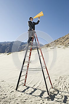 Businessman On Stepladder Using Megaphone In Desert photo