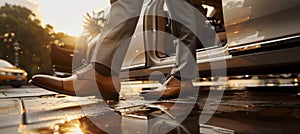 Businessman stepping out of limousine, city lights reflecting on wet pavement, urban scene at night photo