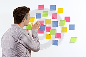 Businessman sticking sticky notes on wall