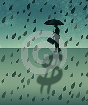 A businessman and stock investor protects his wealth shown as a dollar sign shadow during a storm
