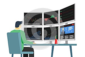 Businessman stock market trader in workplace looking at multiple computer screens with financial charts, diagrams and