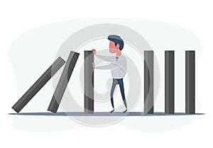 Businessman stopping falling domino vector concept. Symbol of crisis, risk, management, leadership and determination.