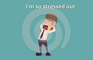 Businessman strain very headache on office table work hard.cartoon of business success is the concept of the man characters