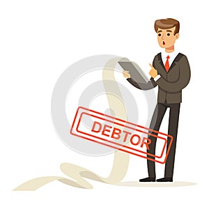 Businessman stressed out by long list of debts, debtor vector Illustration