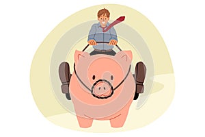 Businessman strives to make money on investments or increase income, sitting astride piggy bank