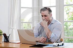 Businessman struggle to solve work problem from home. Synchronos