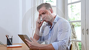 Businessman struggle to solve work problem from home. Synchronos