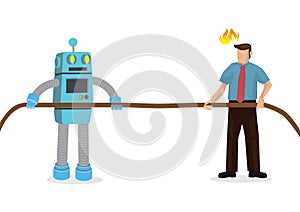 Businessman struggle a tug of war with a android robot