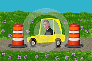 Businessman Stuck Road Construction Driving Work photo