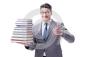 Businessman student carrying holding pile of books isolated on w