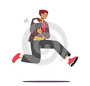 Businessman or Student with Documents Run, Stress Situation Concept. Business Character Late in Office Anxious Man Hurry