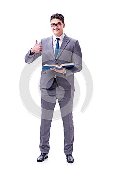 The businessman student reading a book isolated on white background