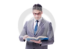 The businessman student reading a book isolated on white background