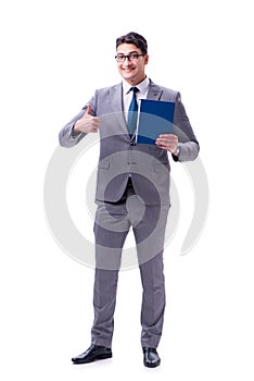 The businessman student reading a book isolated on white background