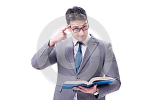 The businessman student reading a book isolated on white background