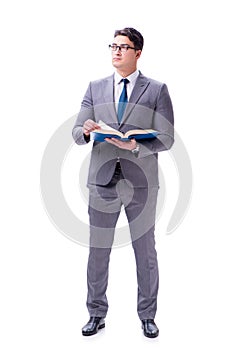 The businessman student reading a book isolated on white background