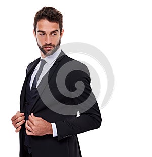 Businessman, studio and professional fashion tuxedo, corporate work clothes with confident male person. Formal