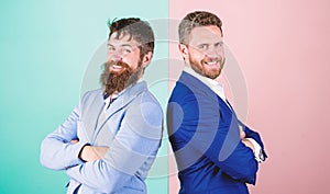 Businessman stylish appearance jacket pink blue background. Business partners with bearded faces. Business fashion