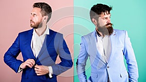 Businessman stylish appearance jacket pink blue background. Business people fashion and formal style. Business partners