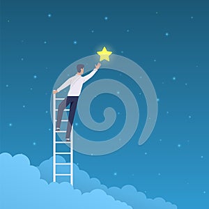 Businessman success. Man on ladder reaches stars on sky. Achieve goal and dream, leadership, opportunity and business
