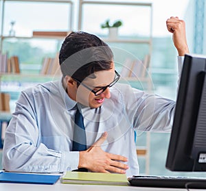 Businessman suffering from excessive armpit sweating