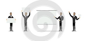 Businessman in suit with blank white banner set. Bearded business man character pointing on presentation screen