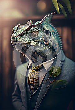 Businessman suit with a chameleon head portrait