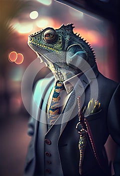 Businessman suit with a chameleon head portrait