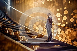 Businessman in a suit climbing a golden ladder, illustrating career and income growth in a cyberspace environment