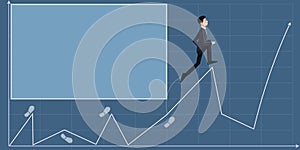 Businessman in suit climbing upwards growth chart representing project success achieving goals. Man working up financial