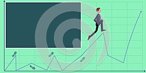 Businessman in suit climbing upwards growth chart representing project success achieving goals. Man working up financial