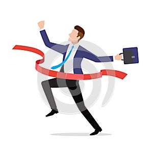 Businessman in suit crossing red finish line, ribbon