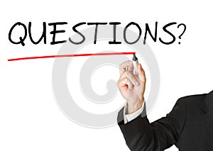 Businessman in suit drawing the word `questions