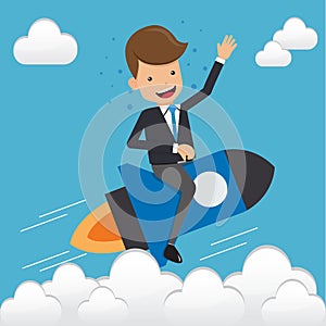 Businessman in Suit Flying on a Rocket. Concept Business Vector Illustration Flat Style.