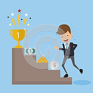 Businessman in Suit Go Up the Stairs to Find Success. Concept Business Vector Illustration Flat Style.