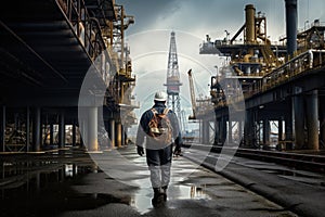 businessman in suit and hat walking on platform, An offshore oil rig worker walks to an oil and gas facility to work in the