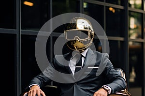 Businessman in suit and helmet sitting on a chair outside the office