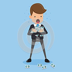 Businessman in Suit Holding and Hugging Money in Arm. Concept Business Vector Illustration Flat Style.