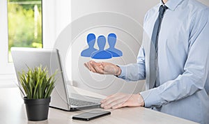 Businessman in suit holding out hand icon of user. Internet icons interface foreground. global network media concept,contact on
