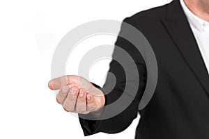 Businessman in suit holds hands with palms up