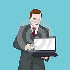 Businessman in suit holsing laptop with blank screen