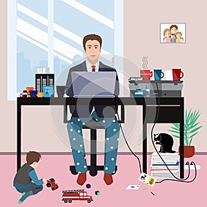 Businessman in a suit jacket and pajama bottoms working from home and his little son playing on the floor. Covid or